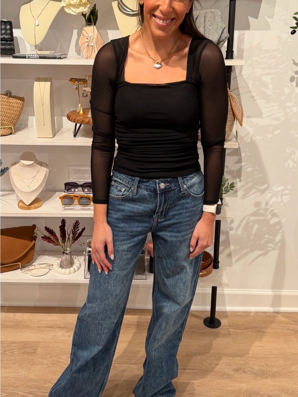 Black Sheer square neck long sleeve ruched waist top